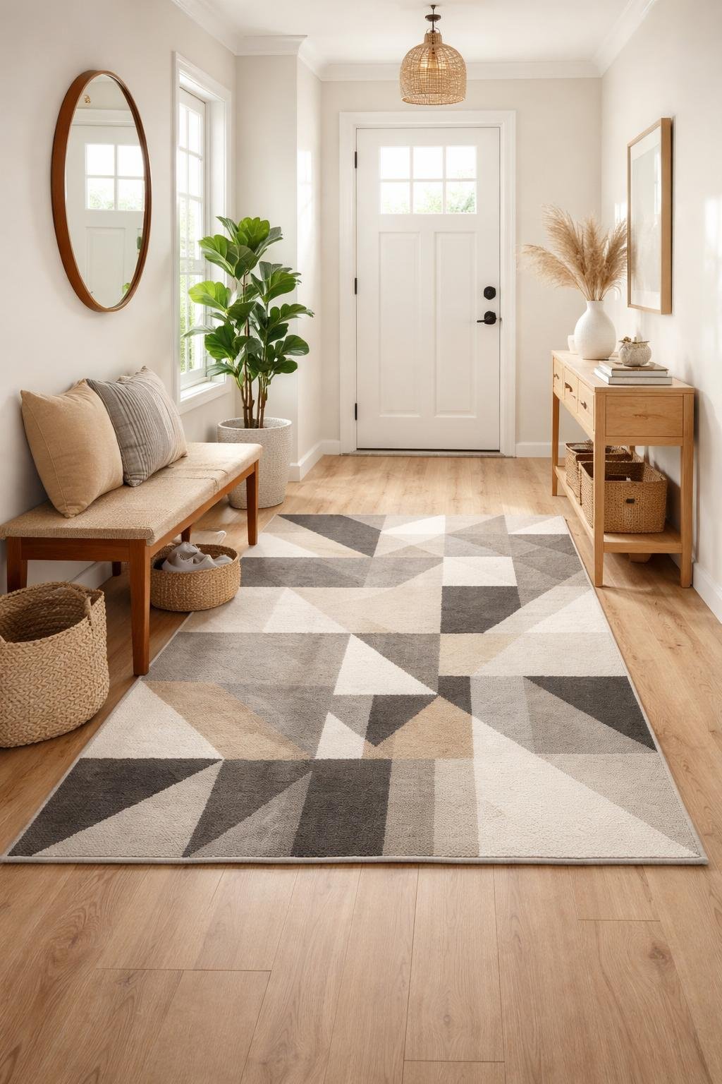 A bright entryway with a geometric patterned rug, a wooden bench with cushions, a potted plant, and a small console table with decorative items.