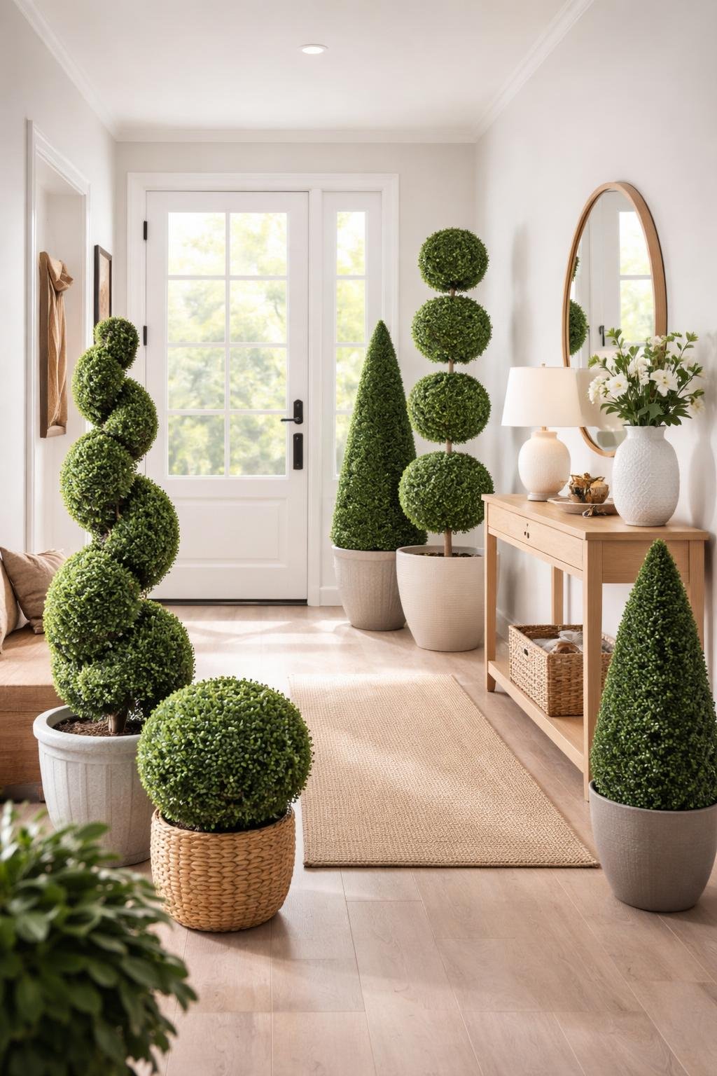 A bright entryway with neatly trimmed indoor topiary plants, a wooden bench, and a console table near a front door.