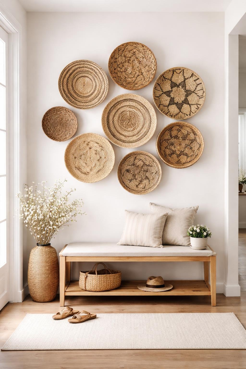 Entryway with woven wall baskets arranged on the wall above a wooden bench with cushions and a small plant.