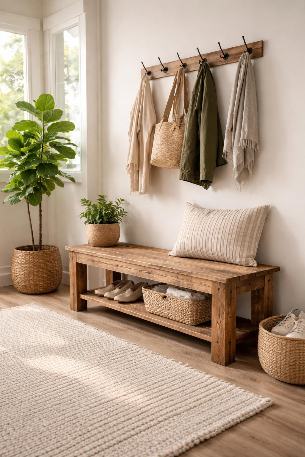Entryway with a reclaimed wood bench, a rug on the floor, a potted plant, and coats hanging on wall hooks.