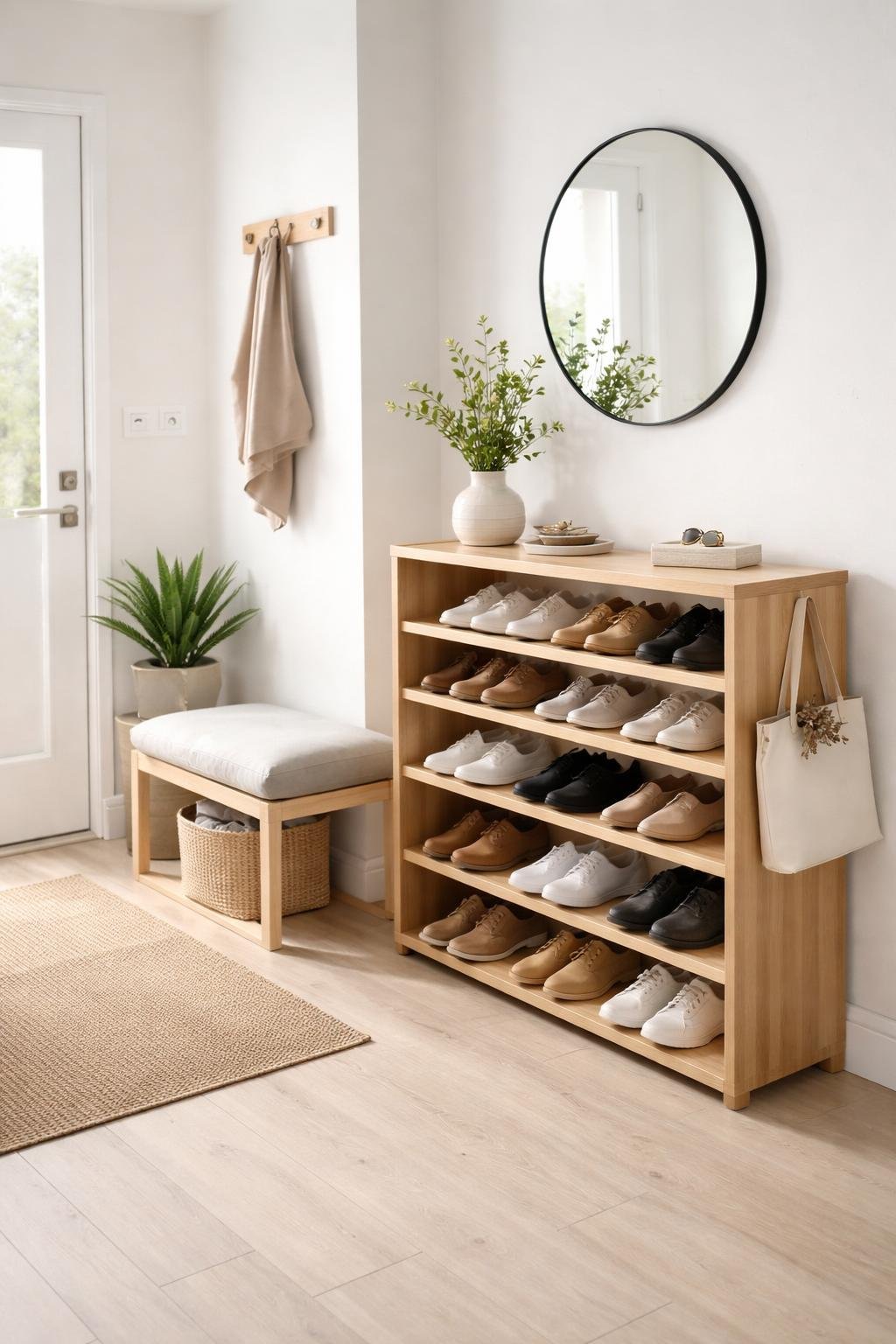 An entryway with a wooden shoe rack holding shoes, a small bench, a plant, and a round mirror on the wall.