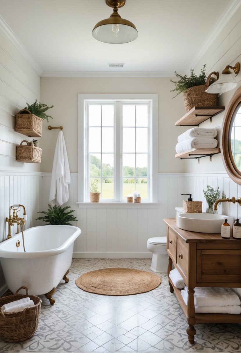 A bright bathroom with a freestanding bathtub, wooden vanity, open shelves, and natural light coming through a window.