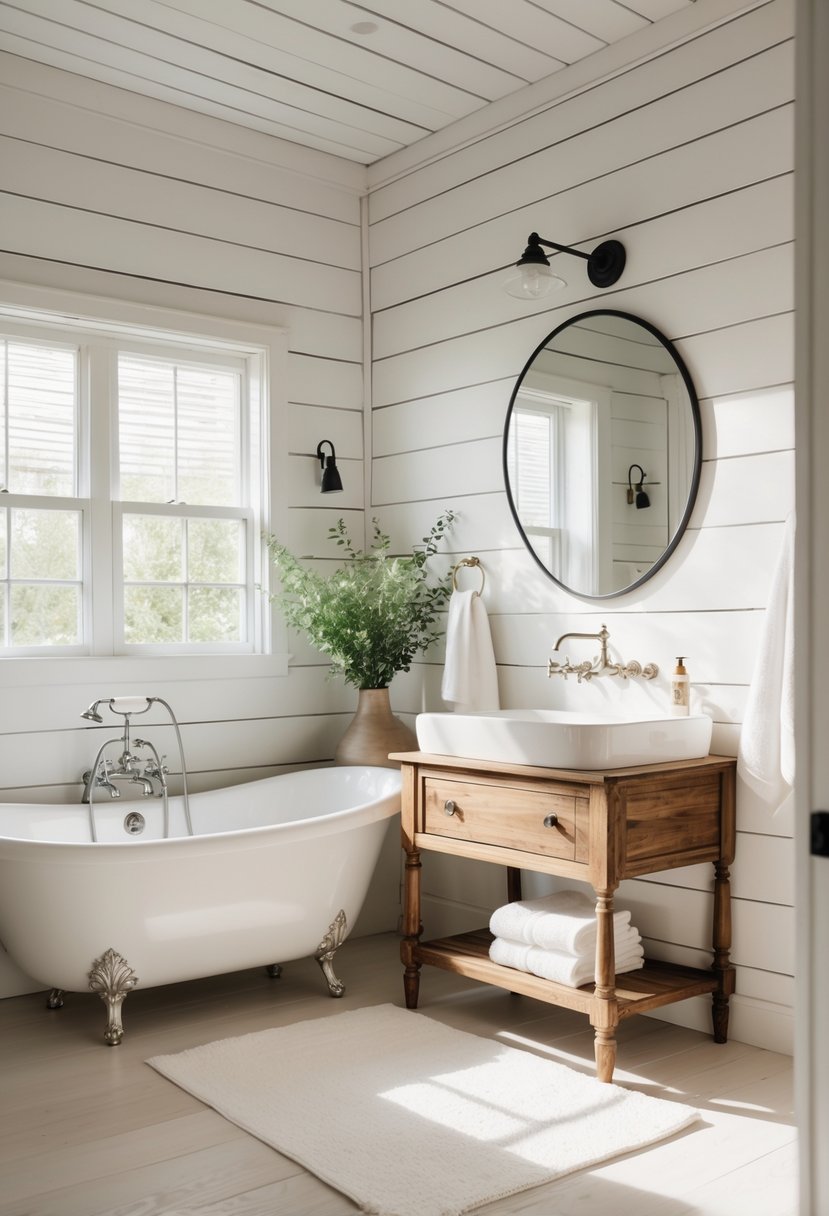 A bathroom with white shiplap walls, a freestanding bathtub, a wooden vanity with a sink, a round mirror, and natural light coming through a window.