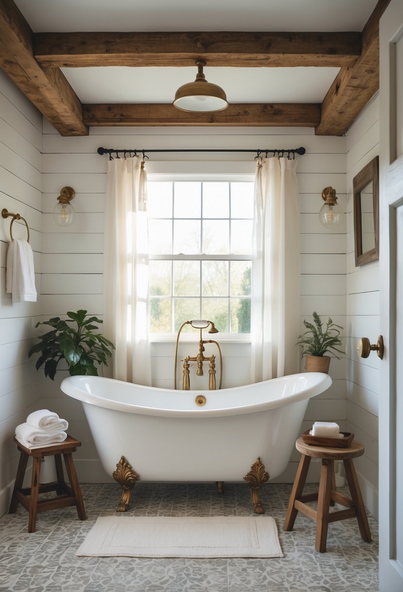 A bathroom with a white clawfoot tub, wooden beams, a window with sheer curtains, and farmhouse-style decor.