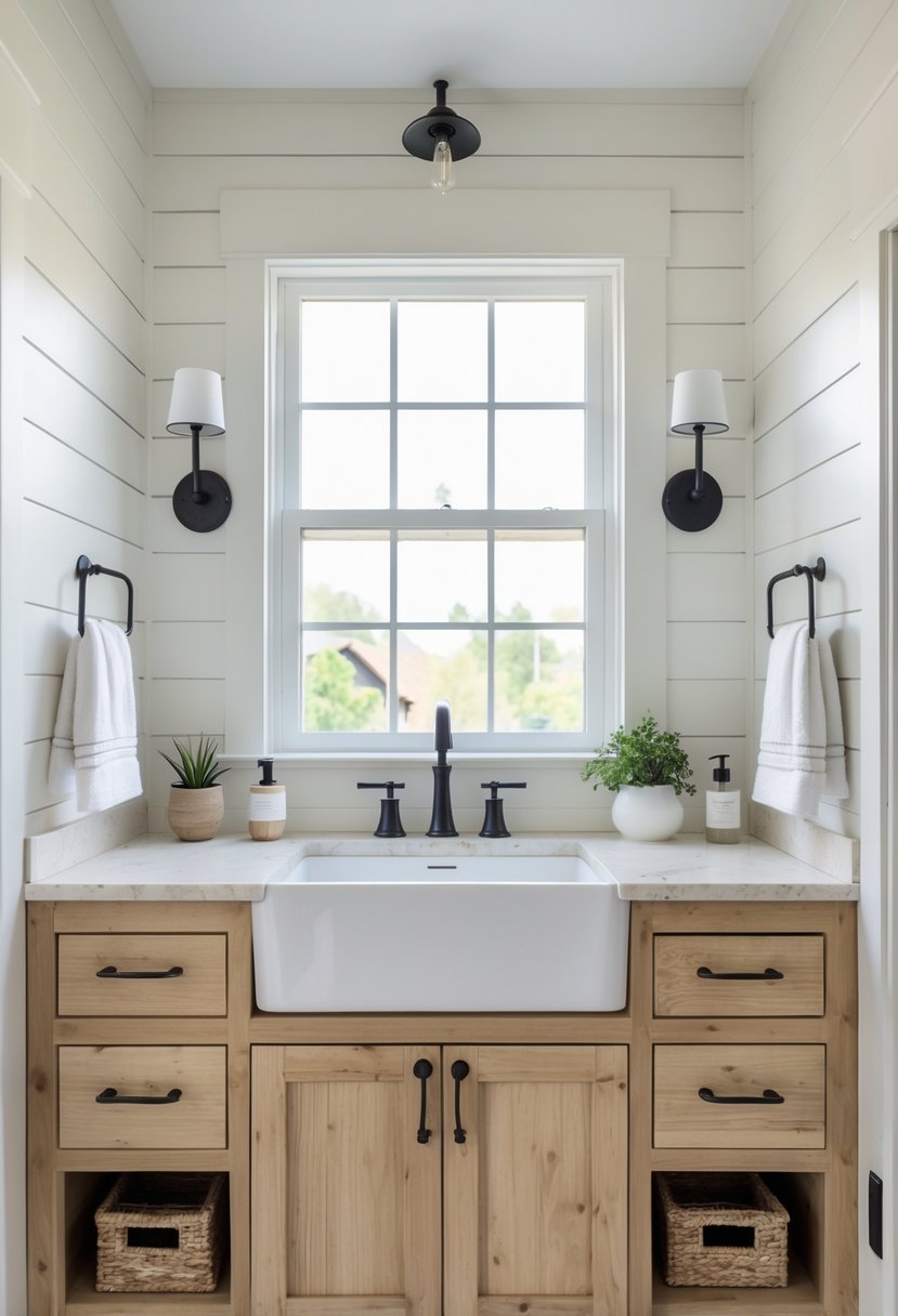 A bathroom vanity with a white apron front sink, wooden cabinet, and a chrome faucet under natural light.
