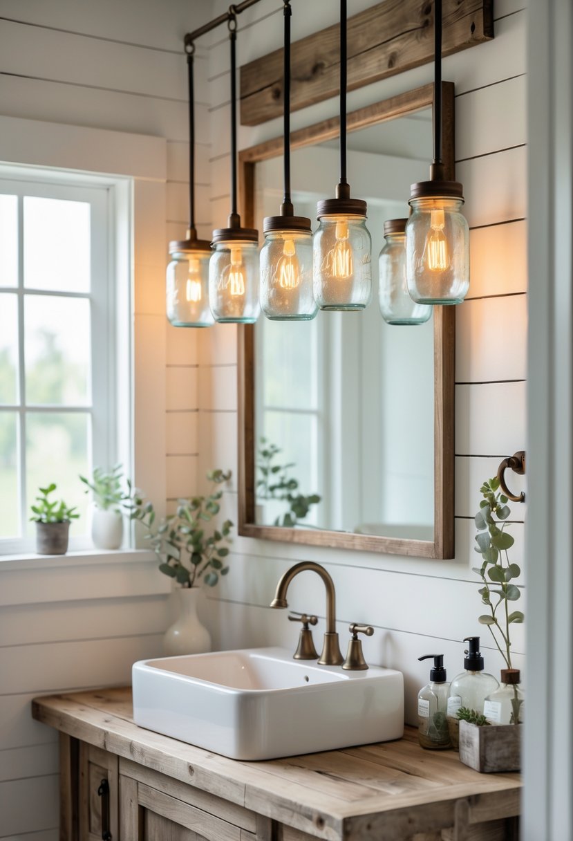 A bathroom with a wooden vanity and vintage mason jar pendant lights glowing above a sink, surrounded by plants and rustic decor.