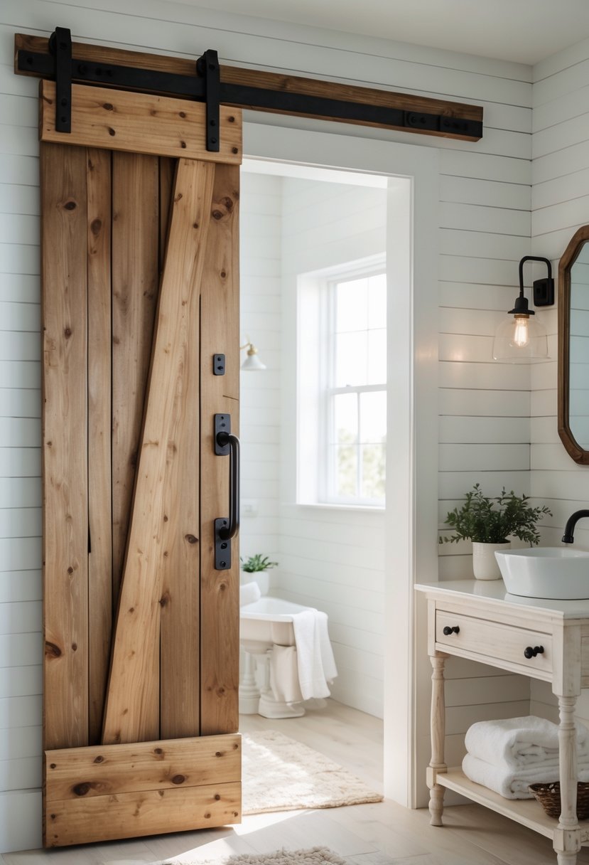 A rustic wooden barn door partially open to a bright bathroom with a white sink and simple decor.