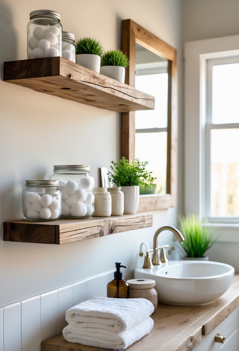 A bathroom with wooden floating shelves holding towels, plants, and bathroom accessories above a white sink with a mirror.