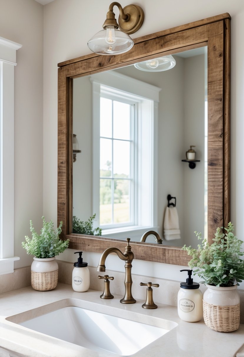 Bathroom with a large mirror framed by distressed wood above a white sink with brass faucets and rustic decor.