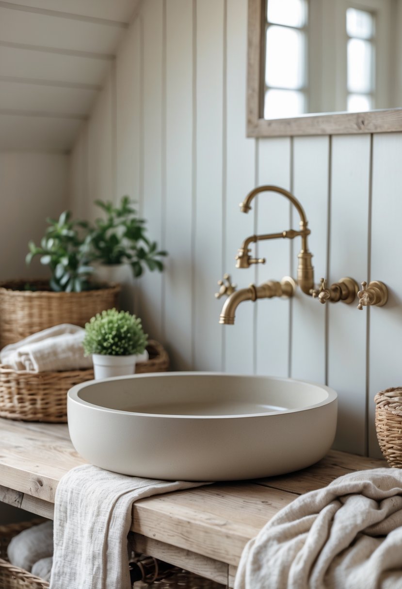 A neutral toned enamel basin on a wooden countertop in a farmhouse bathroom with a brass faucet, a small green plant, and soft towels.