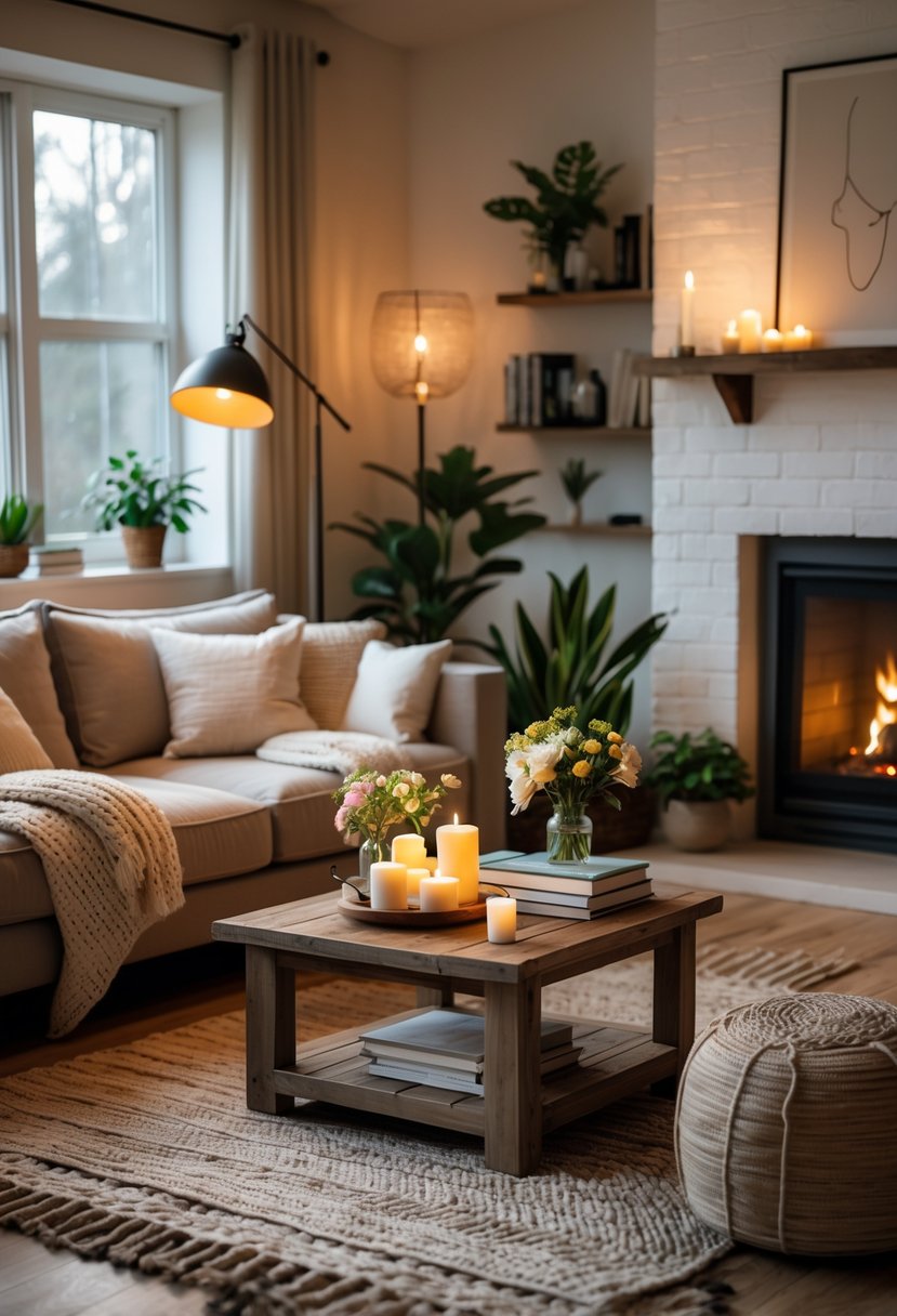 A cozy living room with a sofa, coffee table, fireplace, plants, and warm lighting.