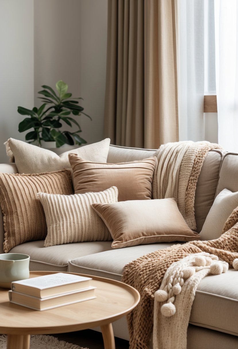 A cozy living room corner with a sofa covered in layered textured throws and cushions, next to a window with natural light.