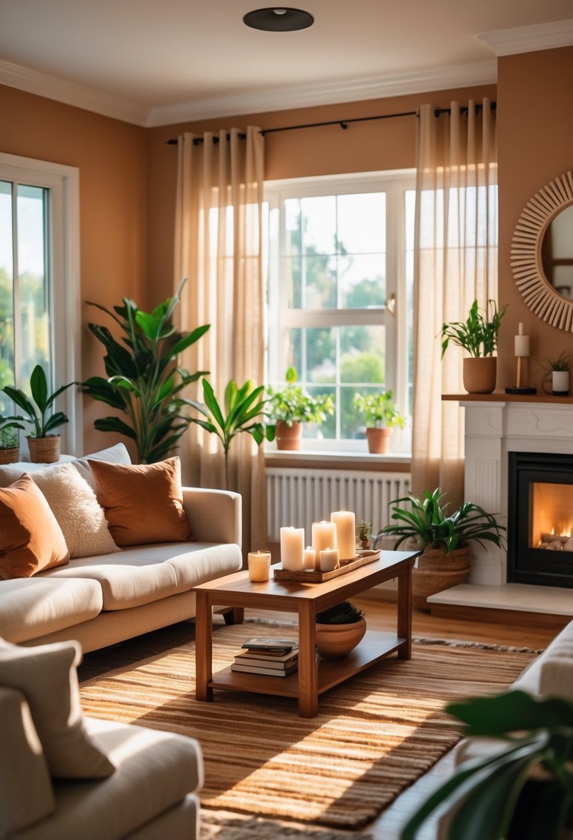 A cozy living room with a sofa, coffee table, fireplace, and plants, lit by natural sunlight.