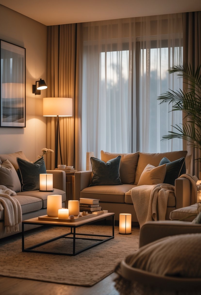 A cozy living room with soft lighting, comfortable seating, a coffee table, and warm ambient light from dimmable fixtures.