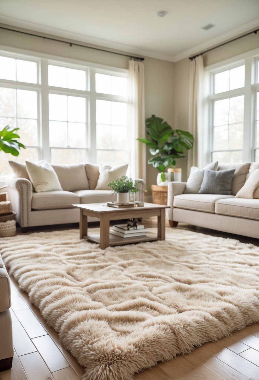 A living room with a plush area rug, sofa, coffee table, and natural light coming through windows.