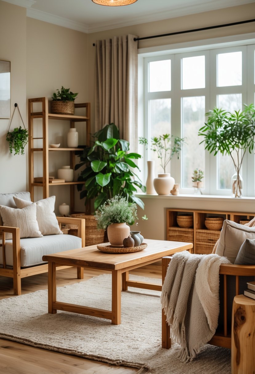 A cozy living room with wooden furniture, soft cushions, green plants, and natural light coming through large windows.