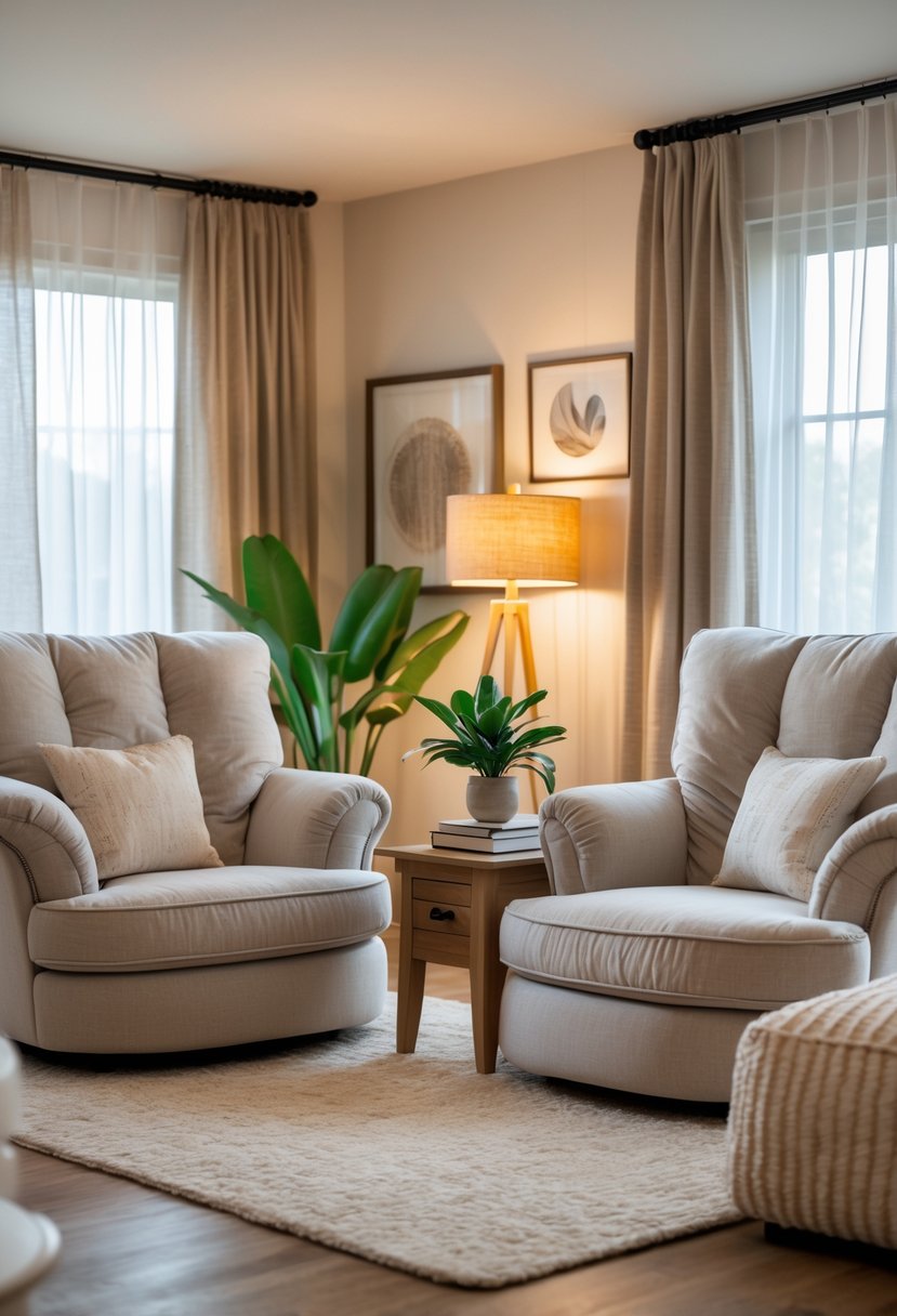 Living room with two large cozy armchairs near a coffee table, soft rug, plants, and natural light from windows.