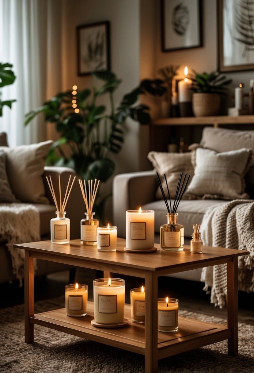 A living room with scented candles and diffusers arranged on a coffee table and shelves, surrounded by a sofa, cushions, plants, and warm lighting.