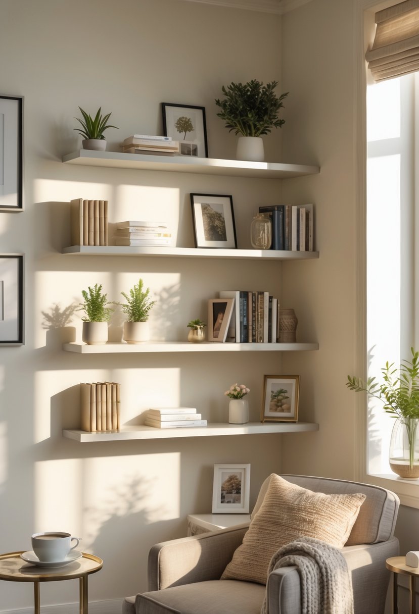 A cozy living room corner with floating shelves holding books and decorative items, next to a comfortable armchair and a small side table.