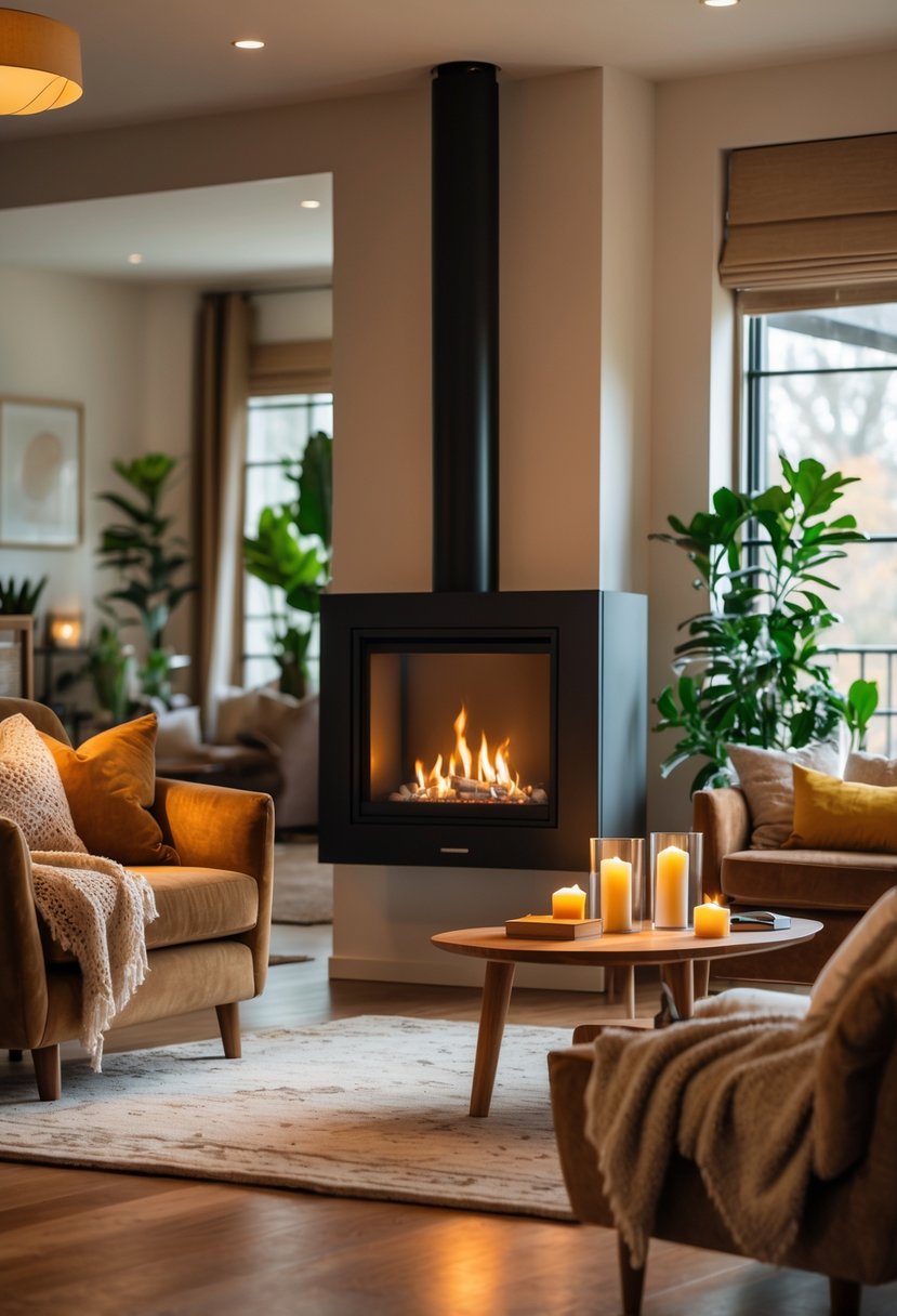 A cozy living room with a modern fireplace, comfortable seating, and warm lighting.