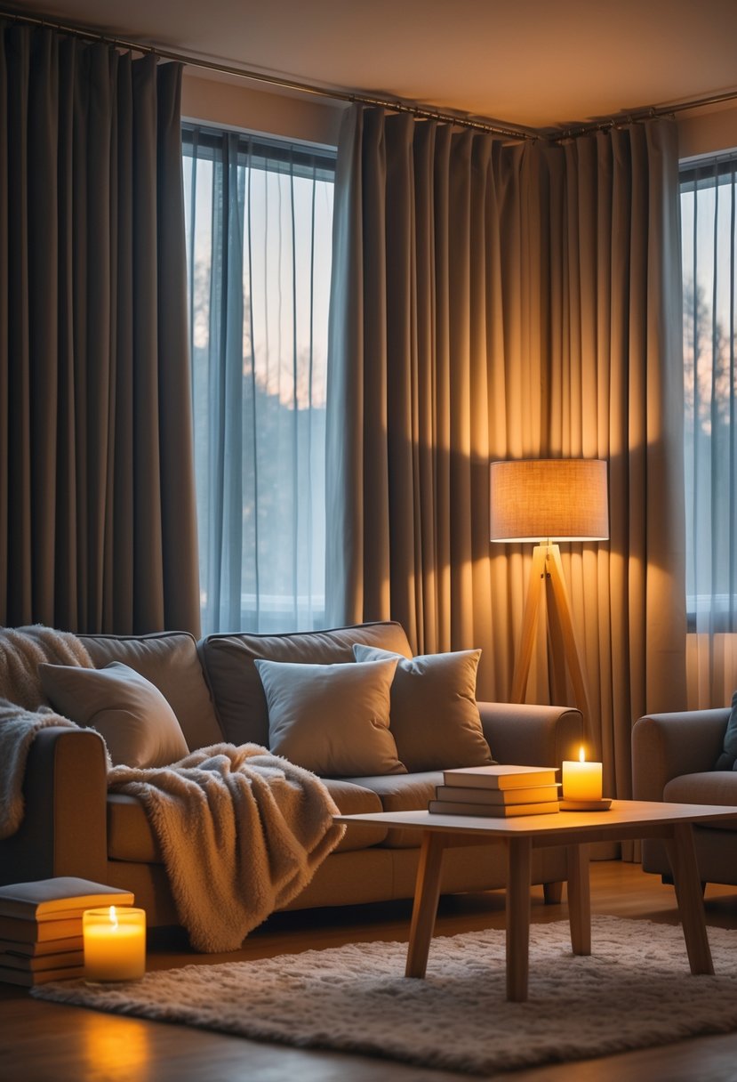 A cozy living room with blackout curtains closed over windows, a sofa with pillows and a blanket, a coffee table with a candle and books, and warm lighting.