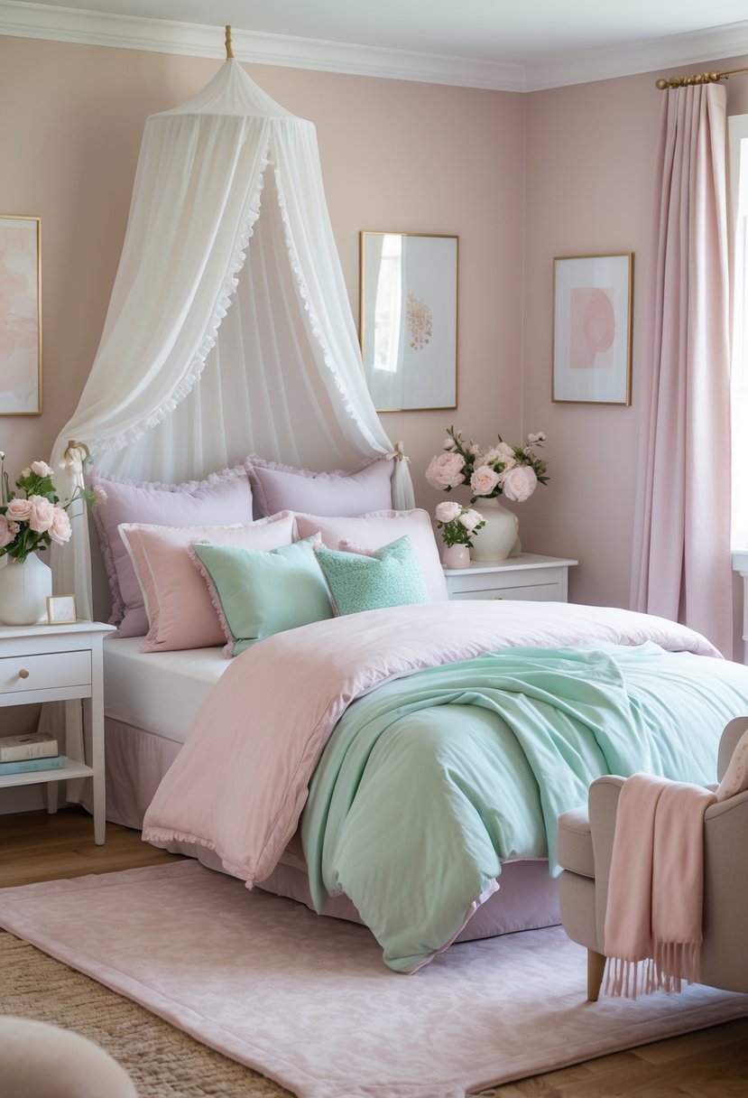 A softly lit feminine bedroom with a cozy bed, pastel-colored bedding, a white canopy, a bedside table with flowers, and a comfortable armchair.