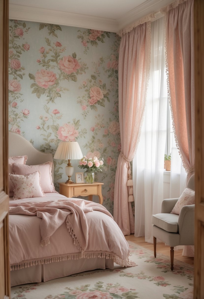 A cozy bedroom with floral wallpaper, a neatly made bed, a nightstand with a lamp and flowers, and soft natural light coming through sheer curtains.