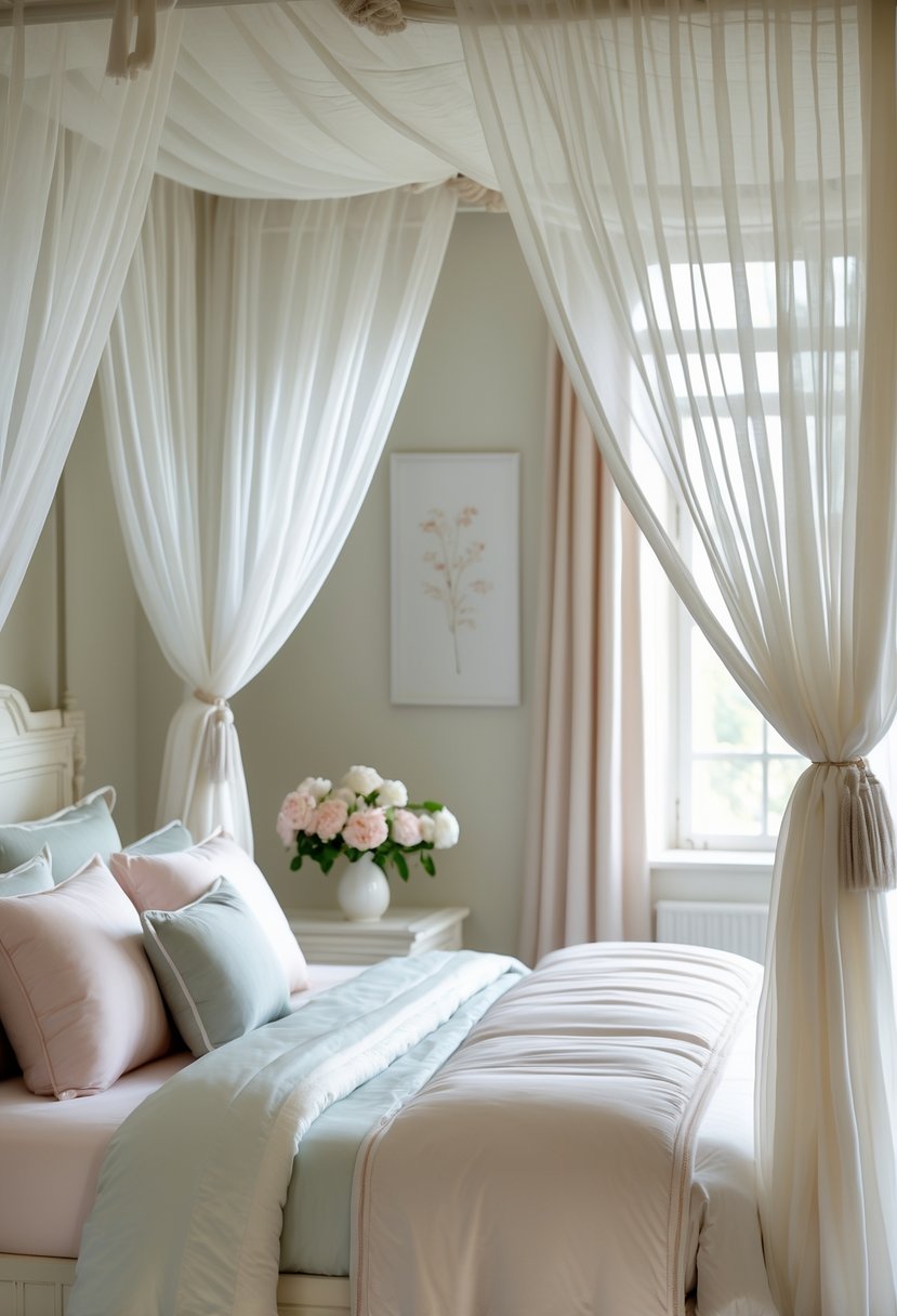 A bedroom with a canopy bed covered by sheer curtains, soft bedding, and a bedside table with flowers.