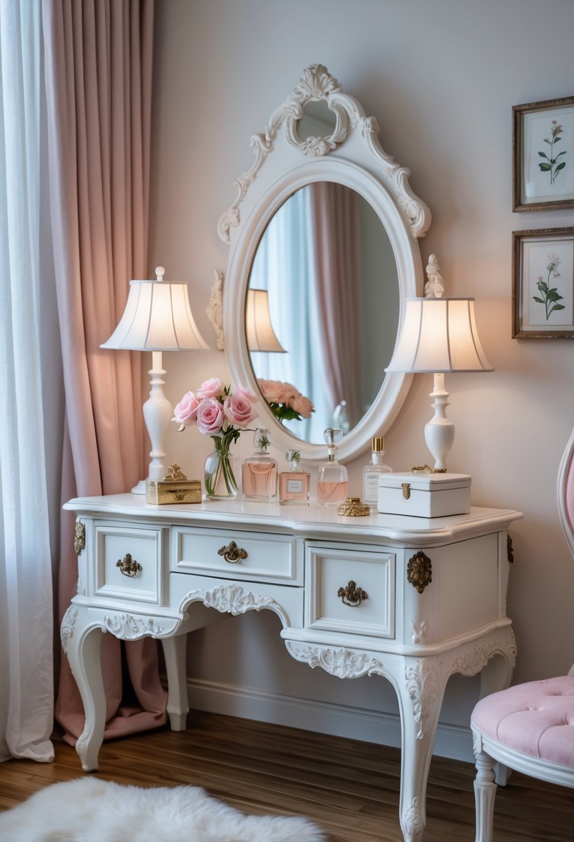 An antique white vanity table with a mirror, perfume bottles, flowers, and a lamp in a softly lit bedroom.