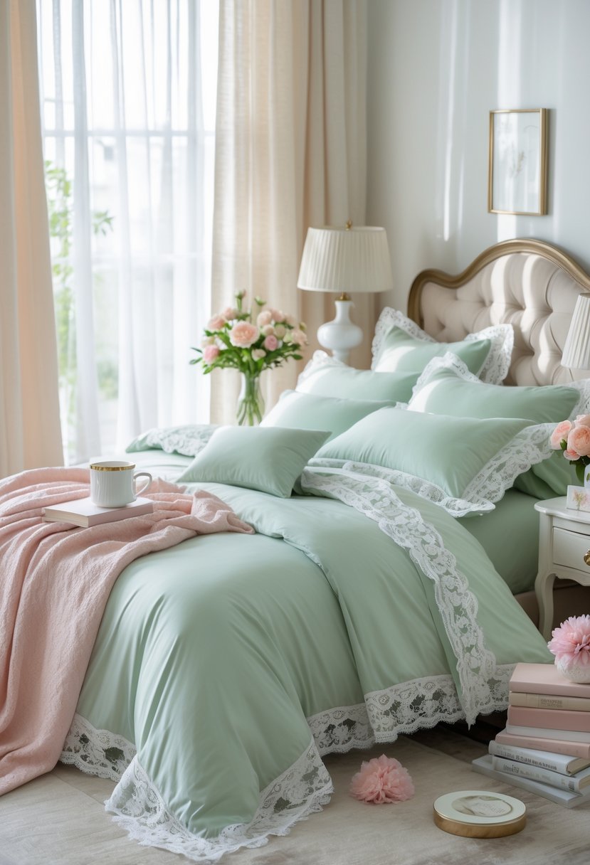 A neatly made bed with lace-trimmed bedding in a bright bedroom with natural light and feminine decor.