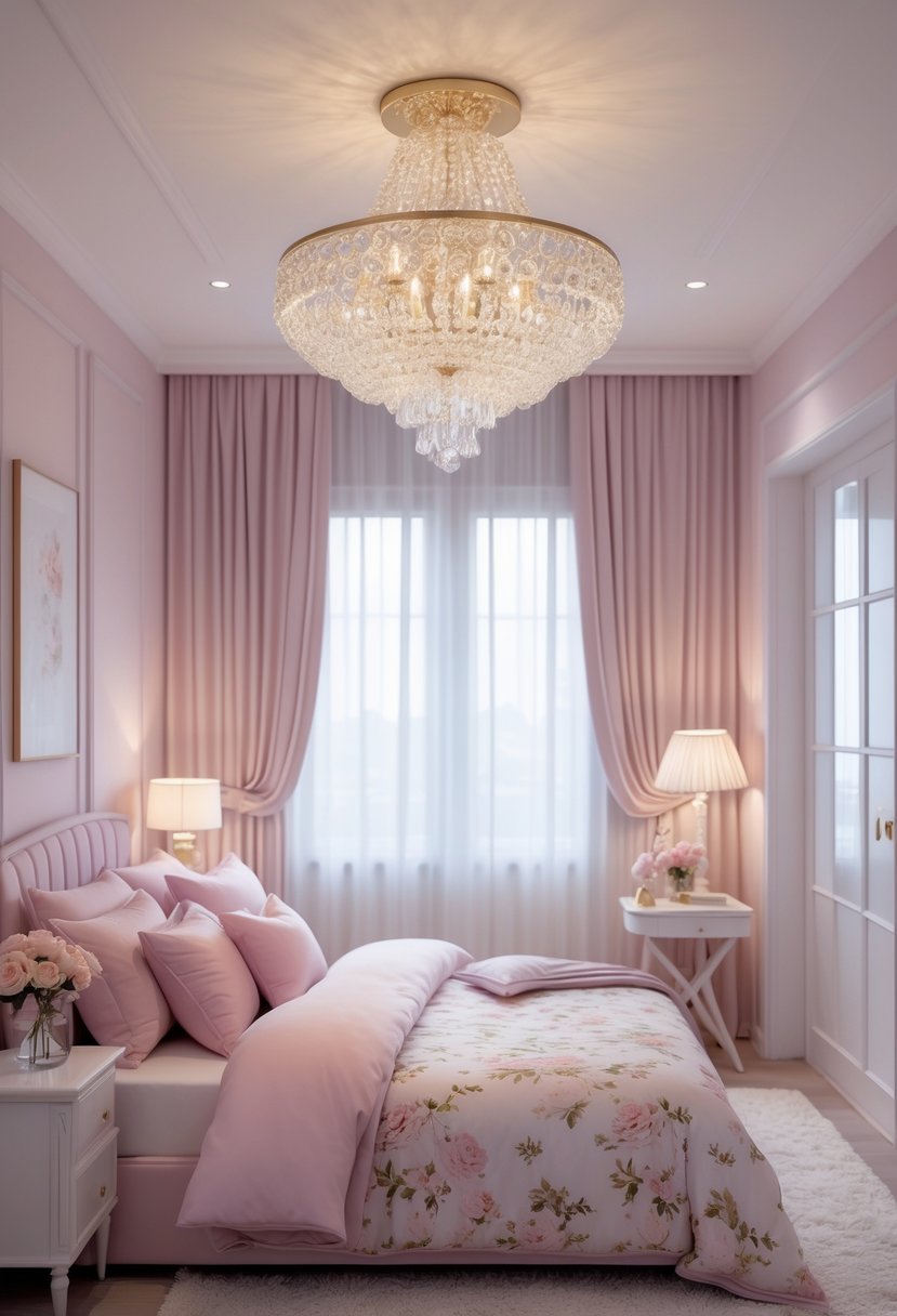 A softly lit bedroom with a crystal chandelier hanging from the ceiling, a bed with pillows and floral bedding, and a nightstand with a vase of flowers.