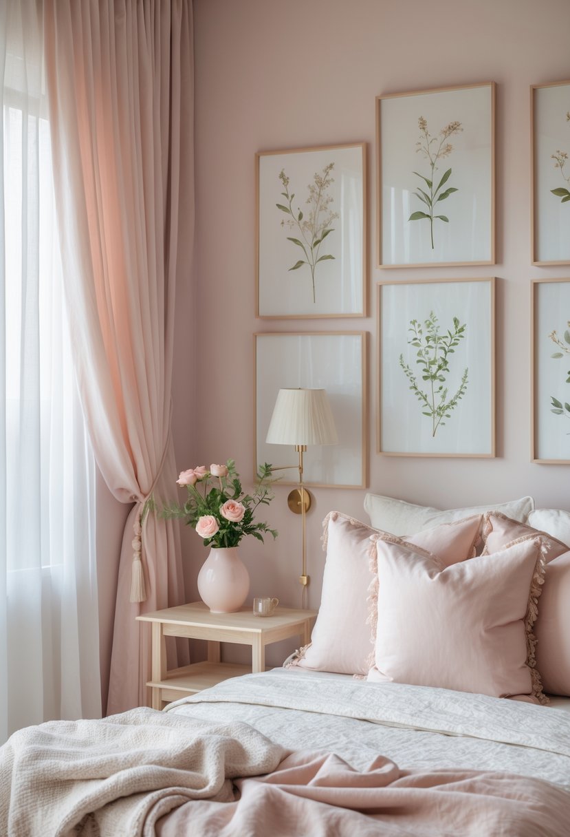 A feminine bedroom with framed botanical art prints on the wall, a neatly made bed, and soft natural light coming through sheer curtains.