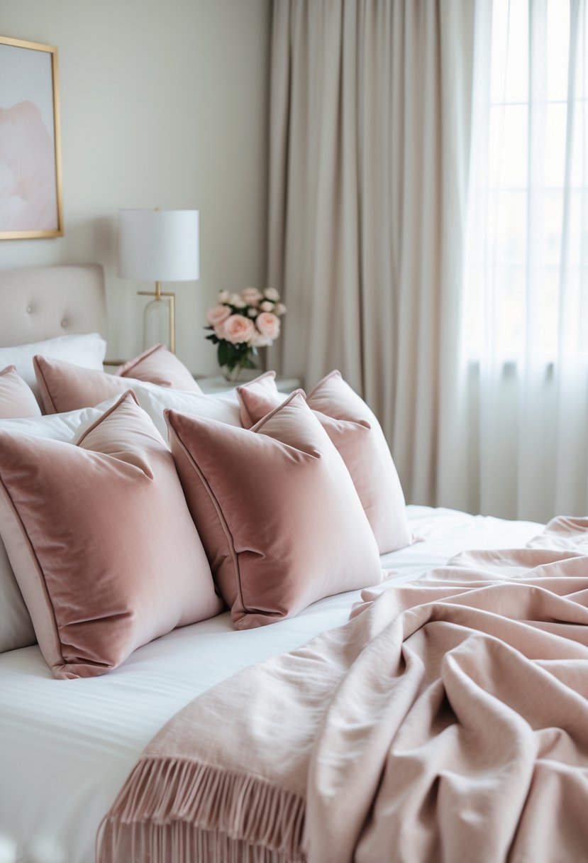 A bedroom with a bed decorated with blush velvet pillows, white linens, a pink throw, and soft natural light coming through sheer curtains.