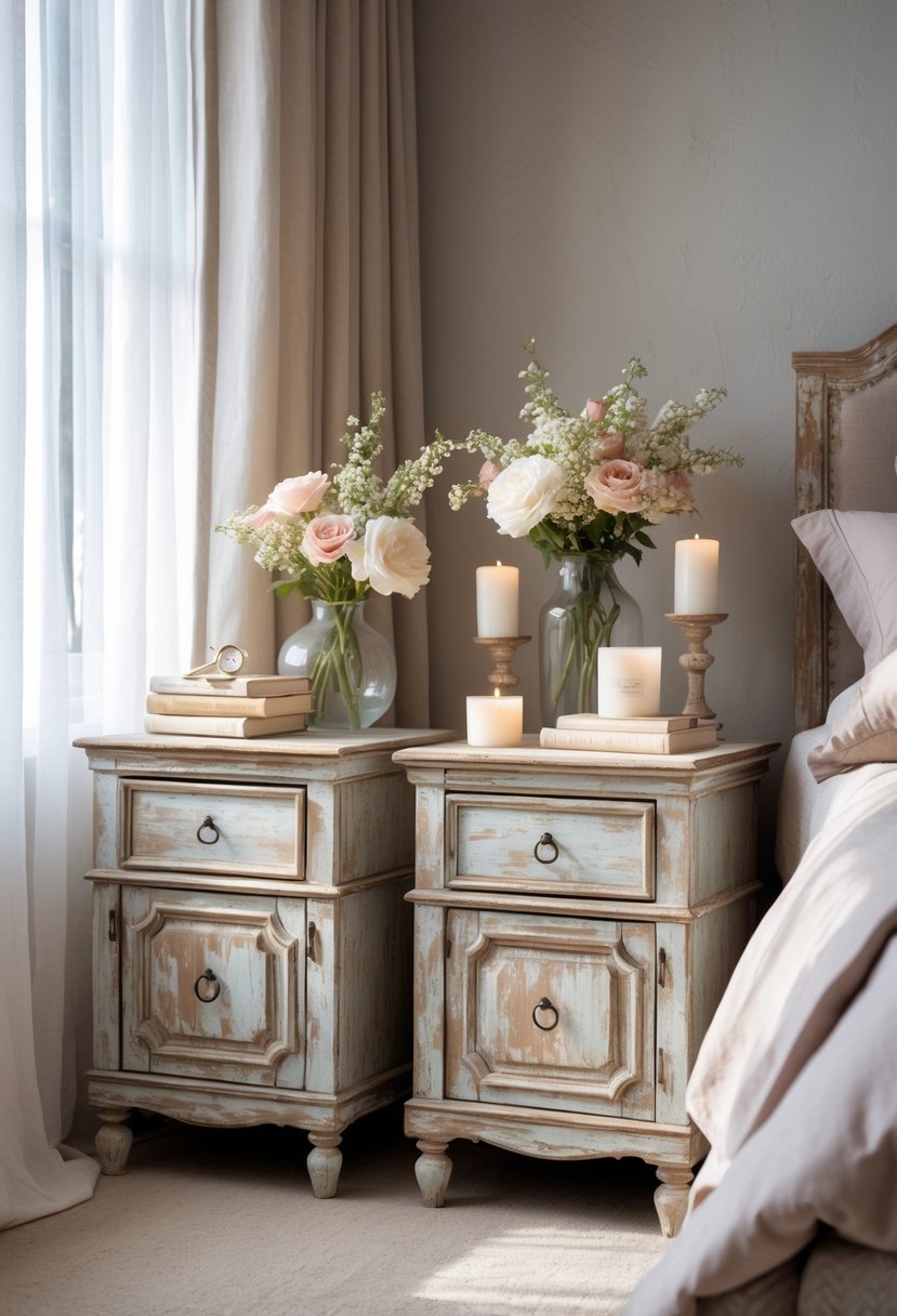 A cozy bedroom corner with two distressed wooden nightstands adorned with flowers, candles, and books, bathed in soft natural light.