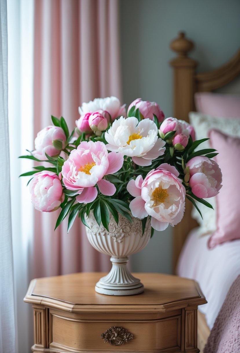 Fresh pink and white peonies in a decorative vase on a bedside table in a softly lit bedroom.
