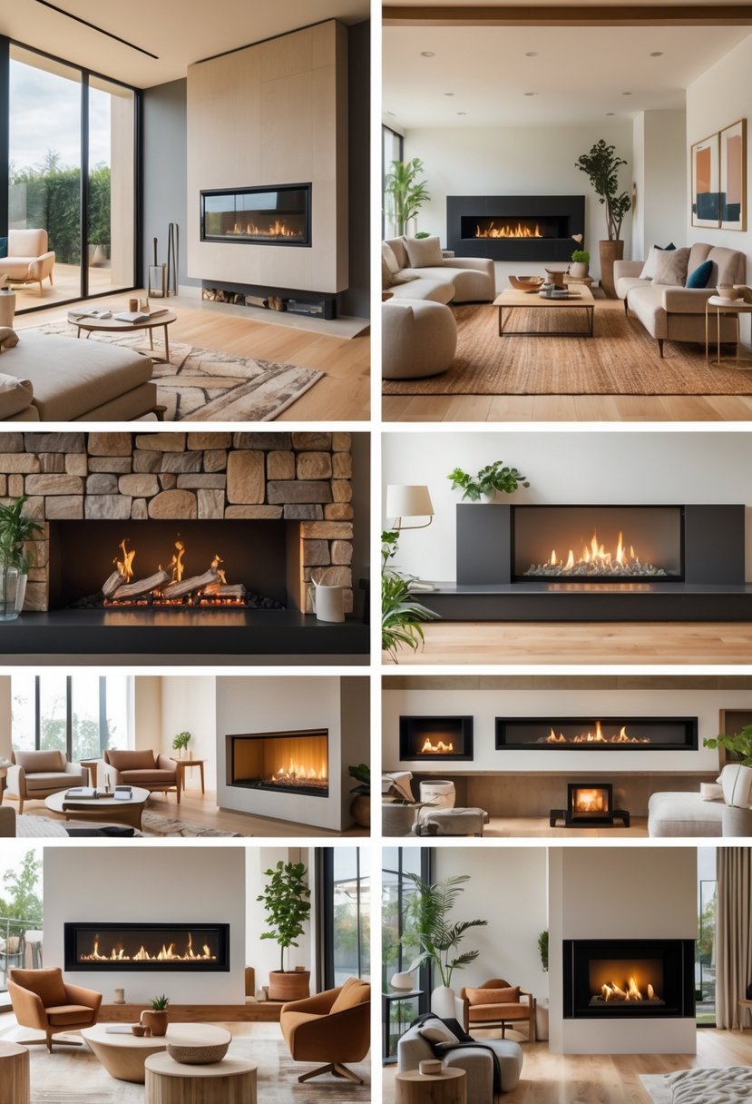 A living room with multiple different fireplace designs, surrounded by comfortable furniture and decor.