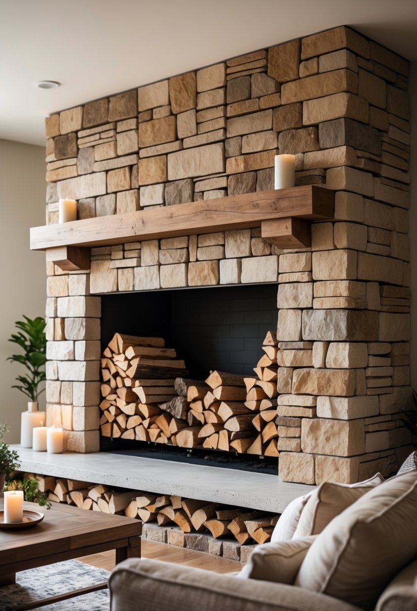A living room with a stone fireplace and built-in wood storage filled with firewood.