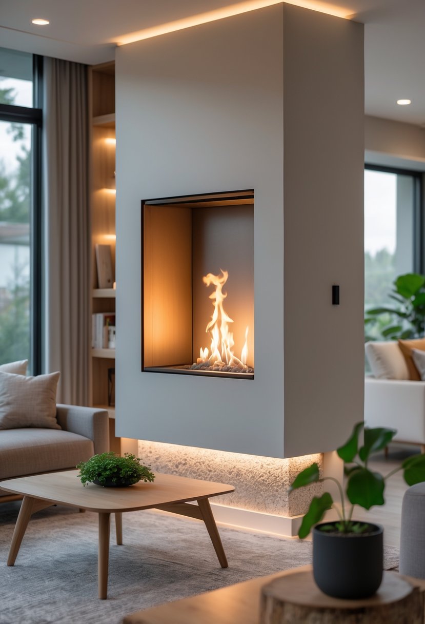 A modern living room with a built-in bioethanol fireplace showing a warm flame, surrounded by comfortable furniture and natural light.