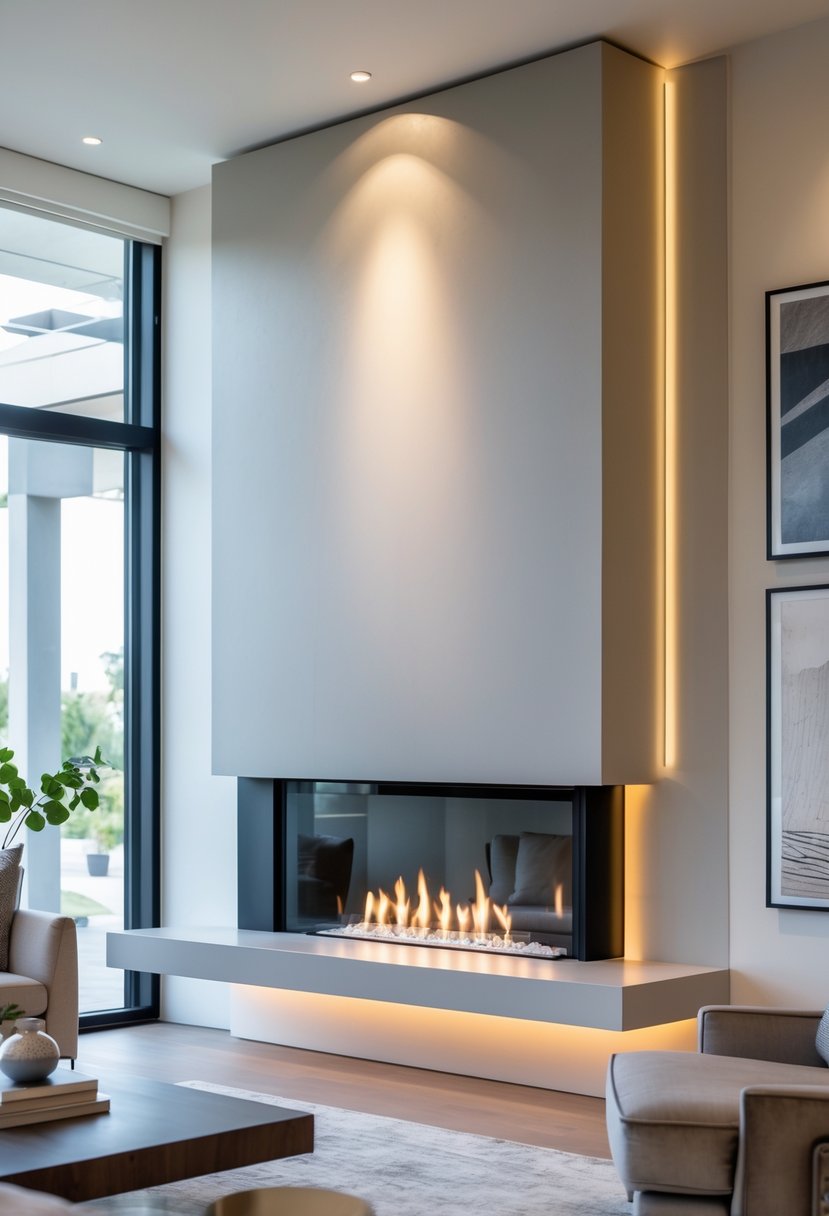 A modern living room with a floating fireplace mantel illuminated by LED lights and a warm fire below, surrounded by comfortable furniture and decor.