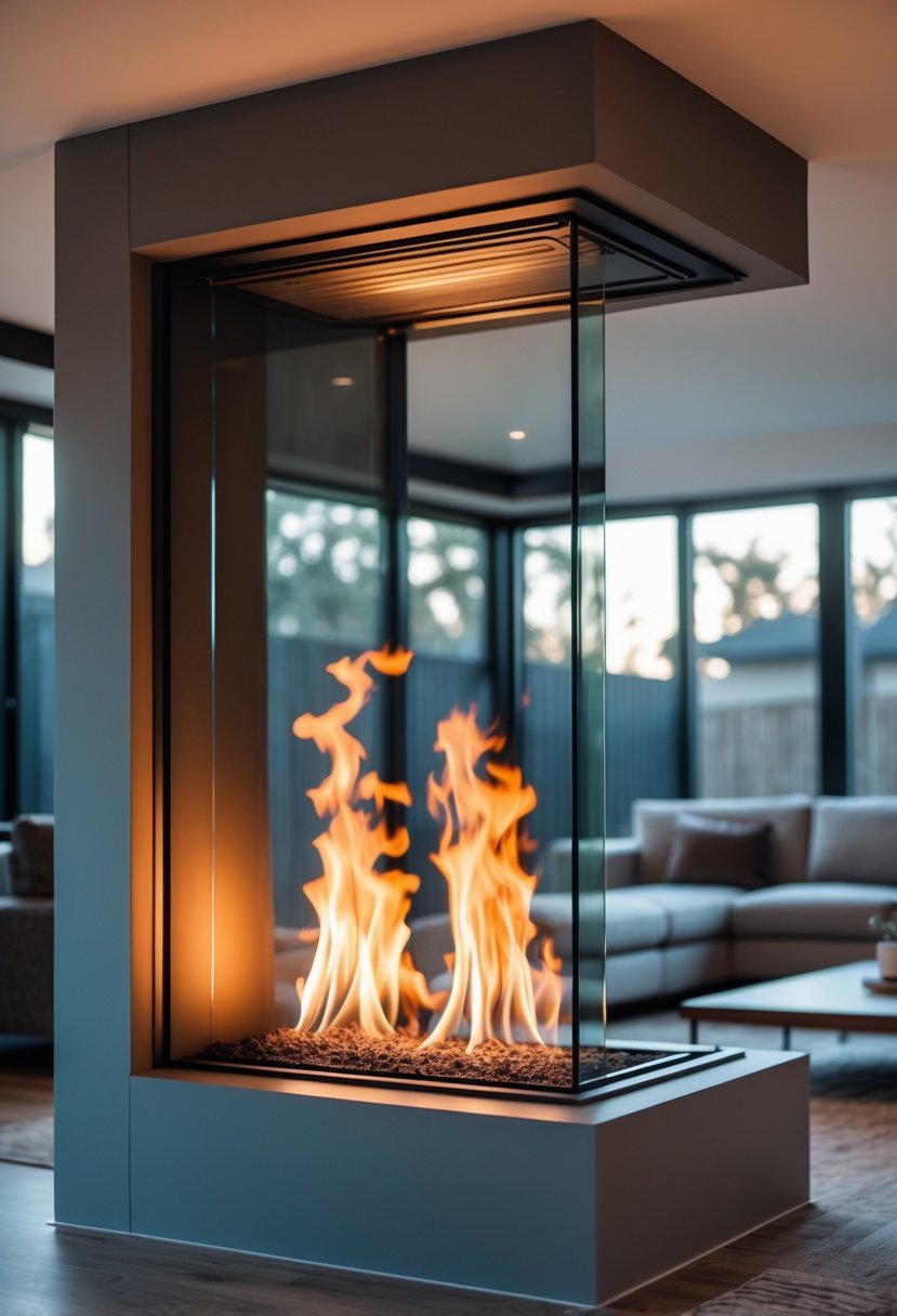 A modern living room with a corner glass fireplace showing flames from multiple angles, surrounded by furniture and large windows.