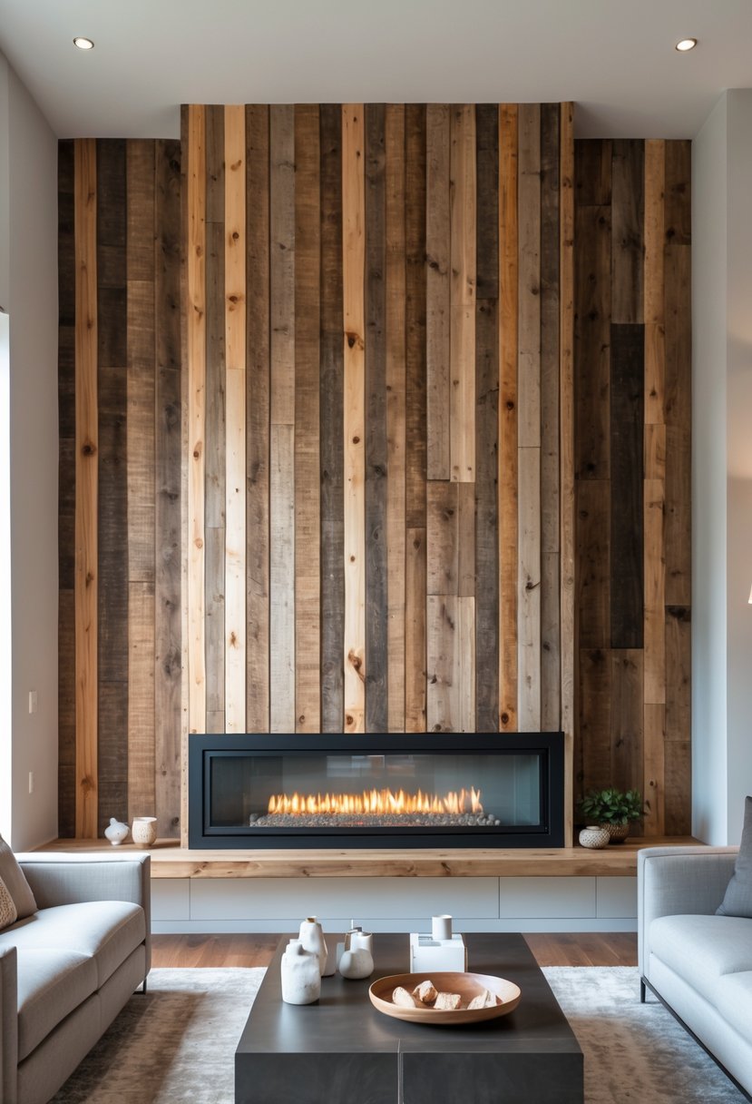 Living room with a fireplace surrounded by reclaimed wood wall paneling and comfortable furniture.