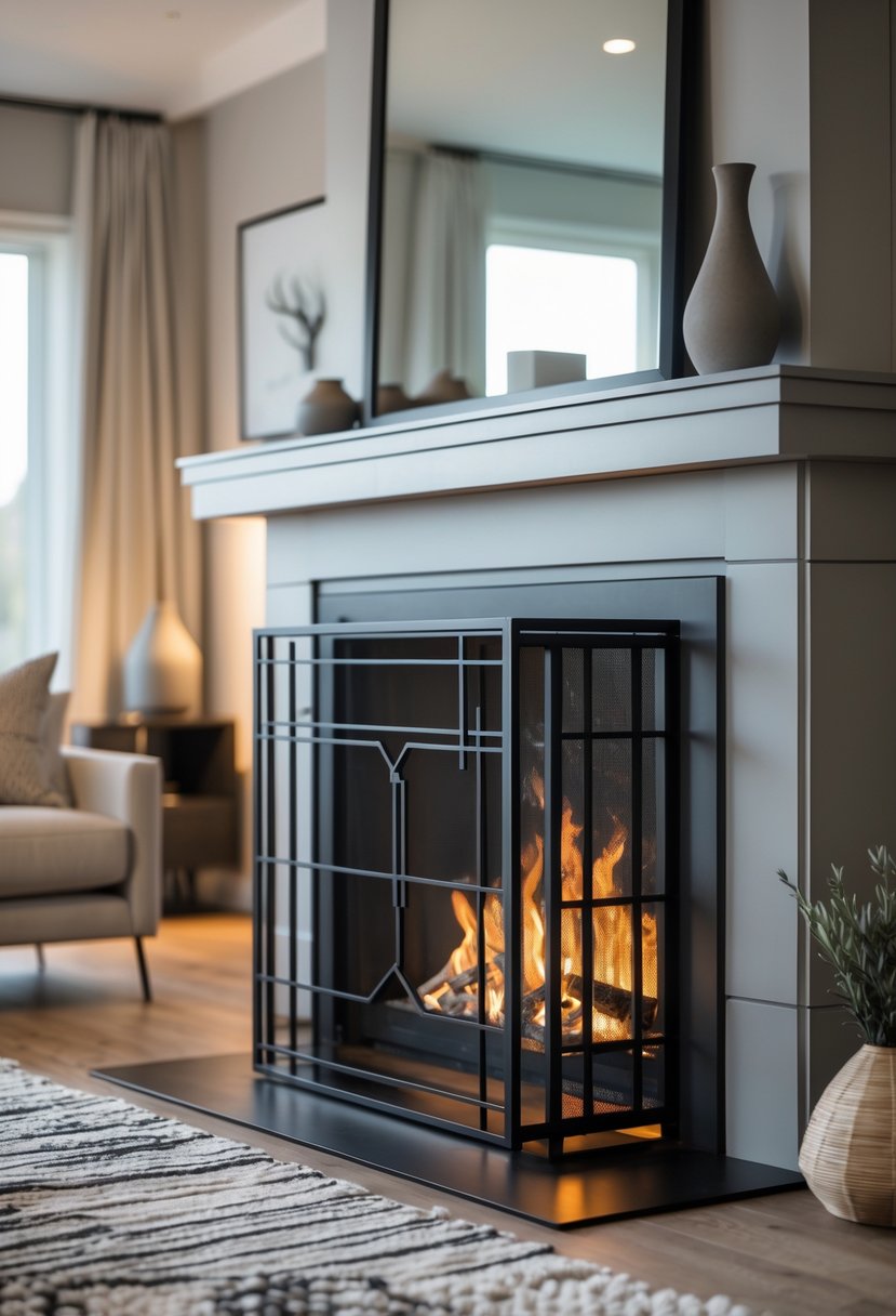 A black steel fireplace screen with geometric patterns in front of a lit fireplace in a cozy living room.