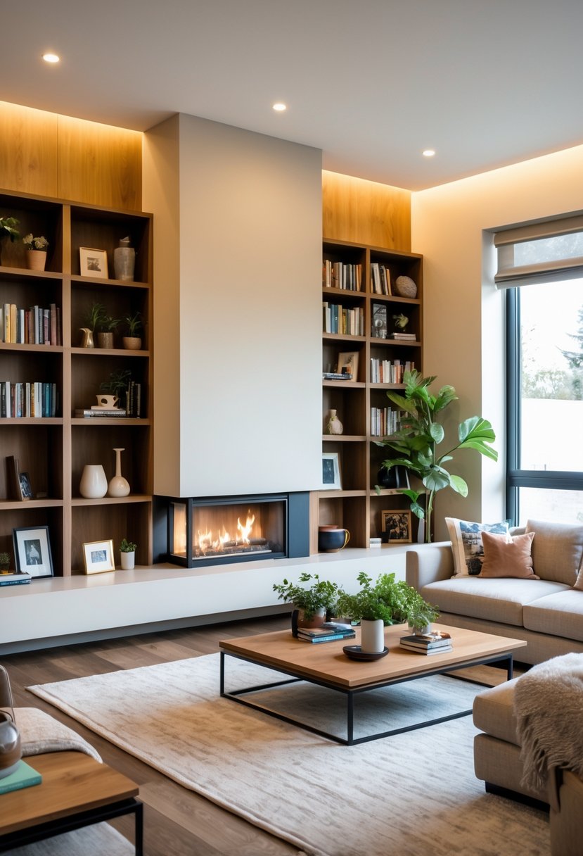 A living room with a fireplace flanked by built-in bookshelves filled with books and decorative items, a sofa, and natural light coming through large windows.