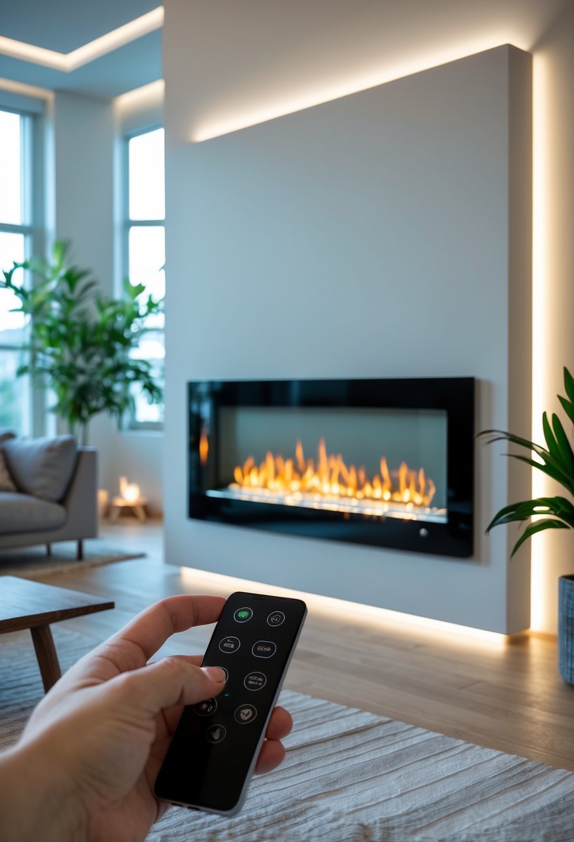 A modern living room with an electric fireplace and a hand holding a remote control adjusting the temperature.