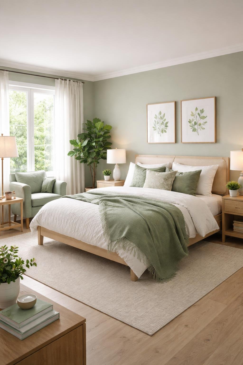 A bedroom with green walls, a neatly made bed with green and white bedding, plants, a green armchair, and natural light coming through a large window.