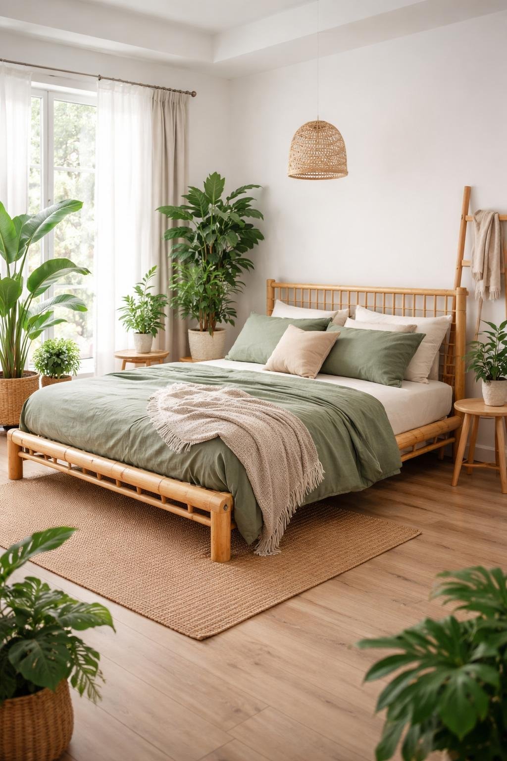 A bedroom with a bamboo bed frame, green bedding, plants, and natural light coming through windows.