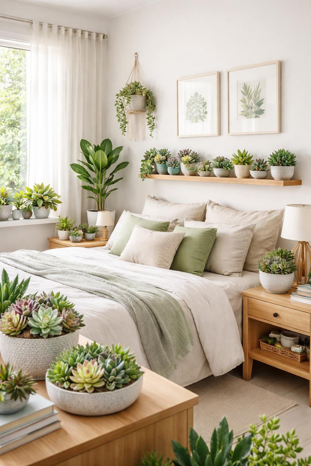 A bright bedroom with a bed surrounded by various succulent plants in pots on tables and shelves, with natural light coming through a window.