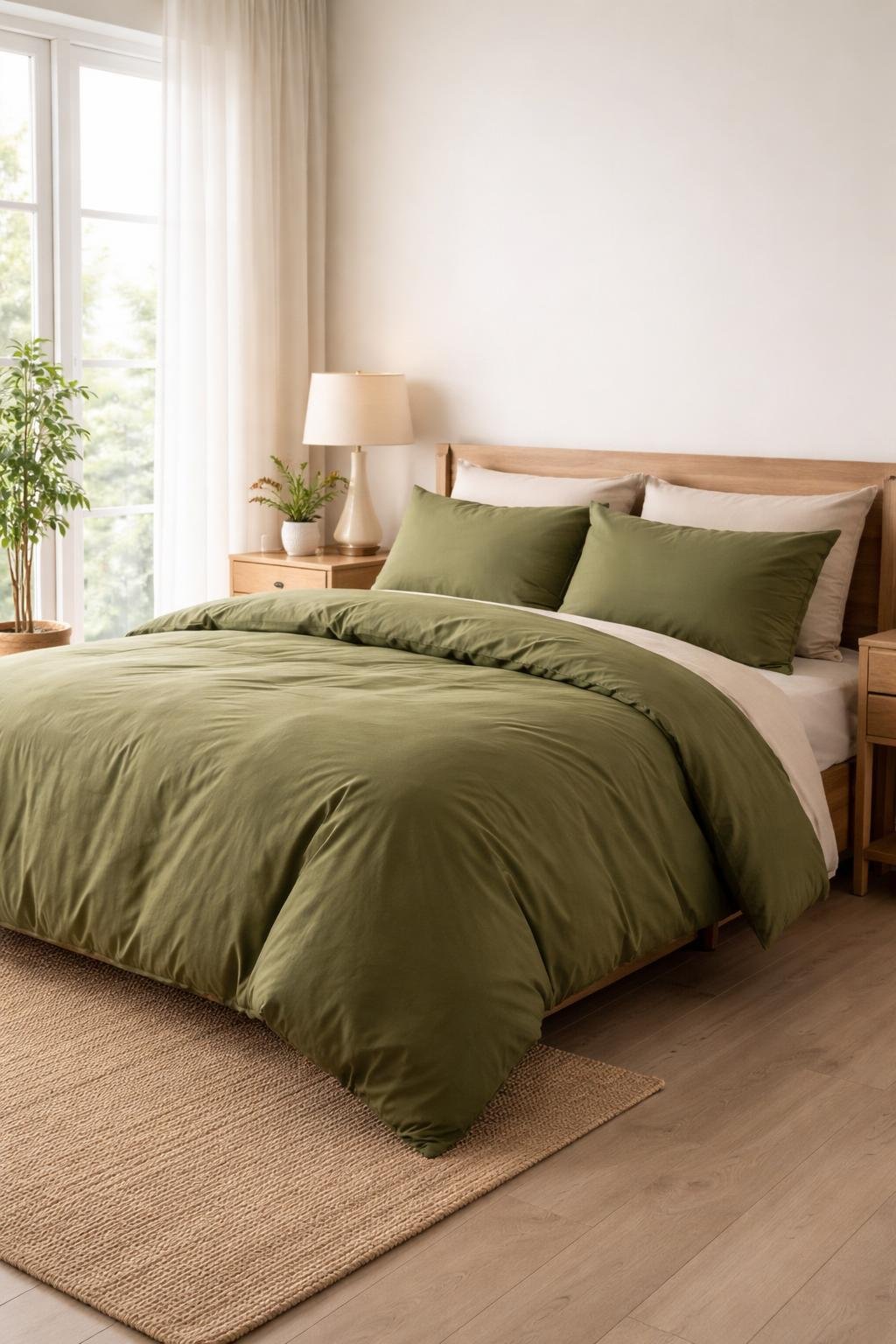 A bedroom with a bed made up in olive green bedding, natural light, and simple furniture with a small plant on the bedside table.