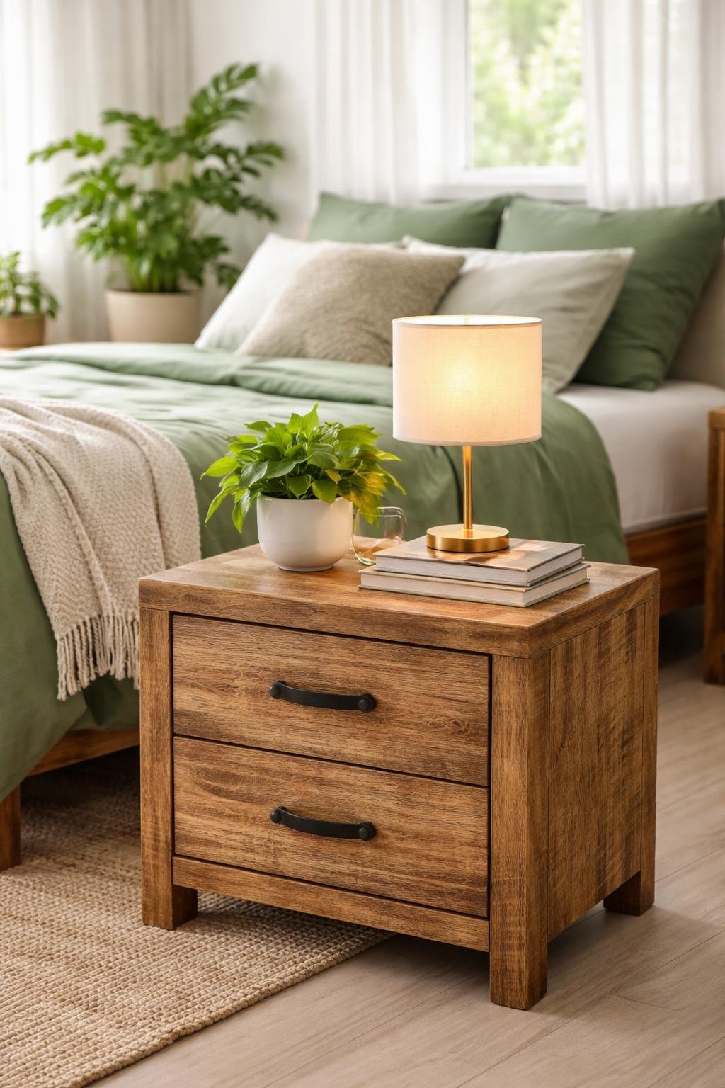 A reclaimed wood nightstand next to a bed with green bedding and plants in a bright bedroom.