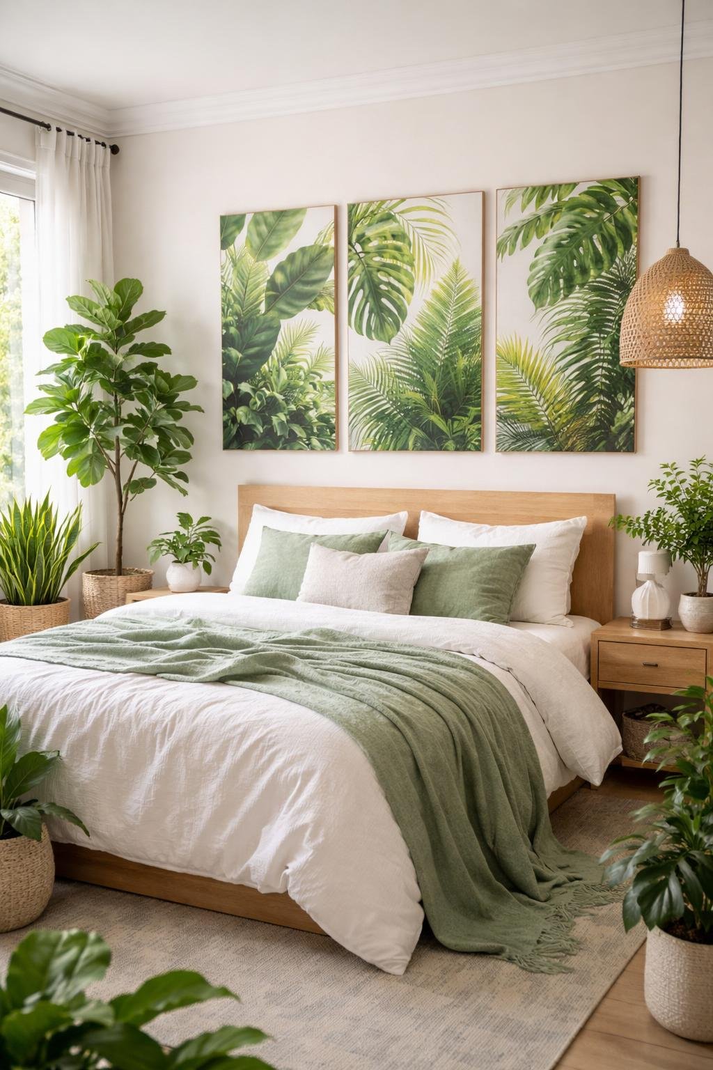 A bedroom with green botanical wall art, indoor plants, and a bed with white and green bedding illuminated by natural light.